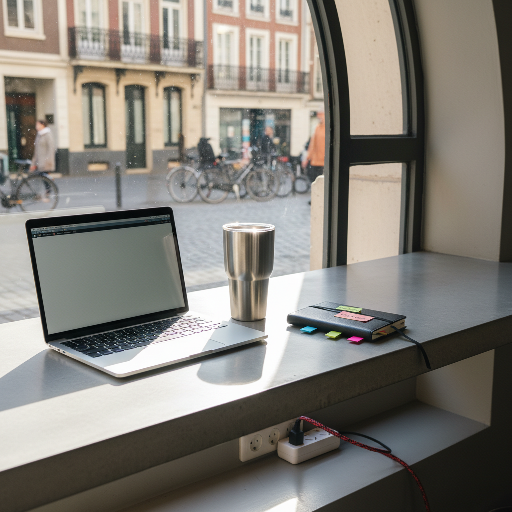 A polished concrete cafe table beside a large street-facing window in a European city, set up as the ideal work-friendly spot. A compact laptop sits open beside a sleek reusable coffee tumbler and a small notebook marked with sticky tabs titled “Wi-Fi Speeds” and “Visa Notes.” A discrete travel-sized power strip snakes to a wall outlet, its braided cable adding texture. Outside the window, the cobblestone street, bicycles, and heritage facades appear softly blurred. Late-morning natural light streams through, creating bright highlights on the tumbler’s stainless-steel rim and subtle reflections on the tabletop. Photographic realism, three-quarter elevated angle, rule-of-thirds composition, and a quietly energetic mood that reinforces the idea of productive work sessions while exploring new cities, all without including any people.