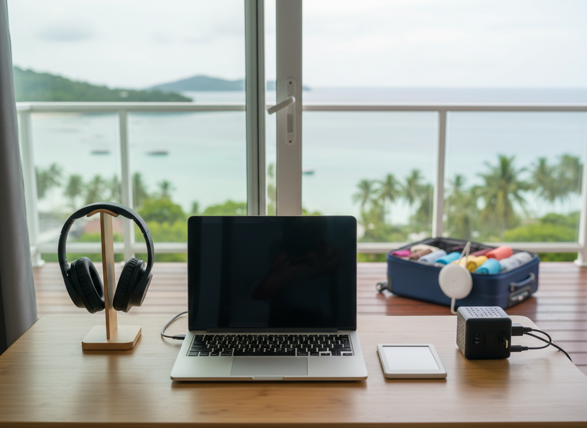 A minimalist home office setup arranged beside a broad balcony door overlooking a sunlit tropical bay. A lightweight ultrabook laptop rests on a smooth bamboo desk, flanked by noise-cancelling headphones, a slim e-reader, and a compact international power adapter with multiple plugs. On the balcony floor sits a small carry-on suitcase half-open, showing neatly rolled clothing cubes and a compact travel router. Soft overcast daylight fills the room, creating even, flattering illumination and faint reflections on the laptop screen. Photographic realism with a slightly elevated angle and balanced composition, sharp focus on the workstation while the ocean and palm-fringed shoreline remain gently blurred, evoking a serene, organized, and productive travel lifestyle.