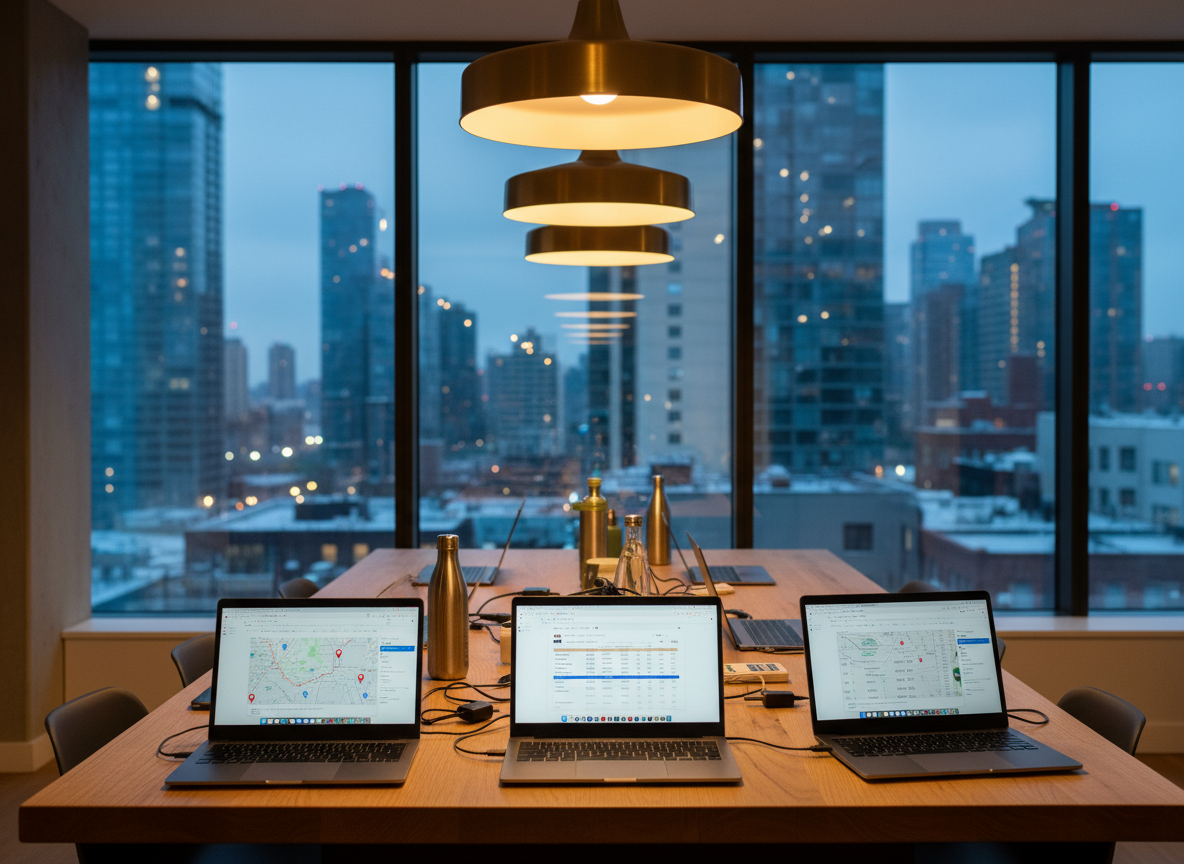 A cozy corner of a contemporary co-living space, featuring a sturdy wooden communal table with a scattering of open laptops, all paused on maps, coworking directories, and budget spreadsheets. Between the devices, there are reusable water bottles, compact European and Asian power adapters, and a small stack of city transit cards. In the background, floor-to-ceiling windows reveal a high-rise cityscape at dusk, with lights beginning to glow in the distance. Warm pendant lights hang above, adding a golden glow that reflects off metallic laptop surfaces. Shot at eye level with moderate depth of field, the foreground objects crisp and the city softly blurred. Photographic realism with an inviting, collaborative atmosphere while keeping the space devoid of visible people.