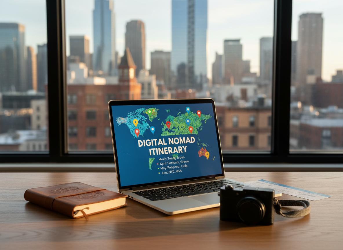 A slim, silver laptop with a vibrant world map sticker on its lid sits open on a natural oak table, its screen glowing with a digital nomad itinerary and colorful city pins. Around it lie a well-worn leather travel journal, a neatly folded boarding pass, and a compact mirrorless camera with a fabric strap. In the background, a large window reveals a softly blurred skyline of mixed modern and historic buildings. Late afternoon natural light pours in, casting gentle shadows and warm highlights on the metal and paper textures. Photographic realism, eye-level composition with shallow depth of field, calm and aspirational mood, clean and modern aesthetic that suggests the freedom to work from anywhere without showing any human presence.
