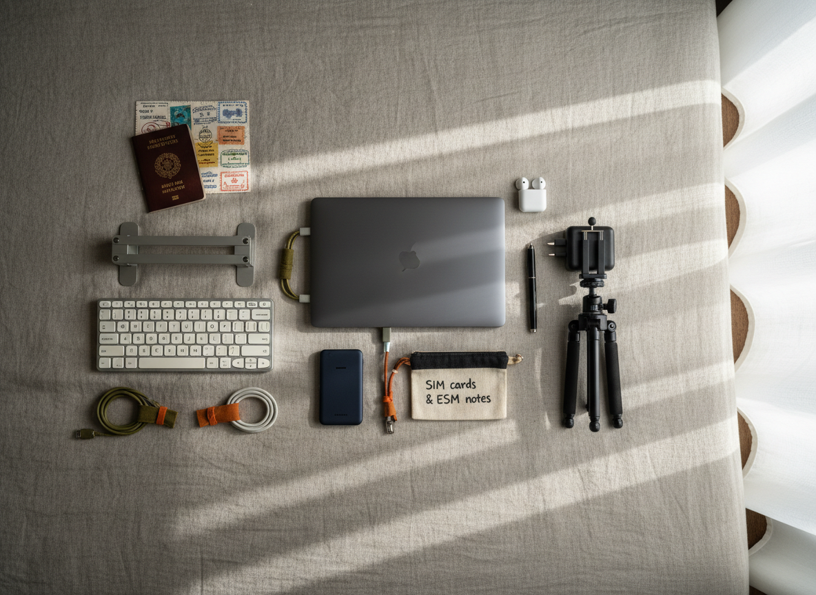 A neatly arranged flat lay of essential digital nomad gear spread across a textured linen bedcover in a boutique guesthouse room. At the center lies a thin, dark-gray laptop, surrounded by a portable mechanical keyboard, foldable laptop stand, compact tripod, universal travel adapter, slim external SSD, and a small fabric pouch labeled “SIM cards & eSIM notes.” In one corner rests a weathered passport with multiple colorful stamps peeking out. Soft morning light filters through sheer curtains, creating diffused illumination and gentle shadows that emphasize each object’s form. Photographic realism, directly overhead bird’s-eye composition, neutral color palette with subtle pops of color from cable organizers and passport stamps, conveying a calm, strategic, and meticulously prepared travel workflow.